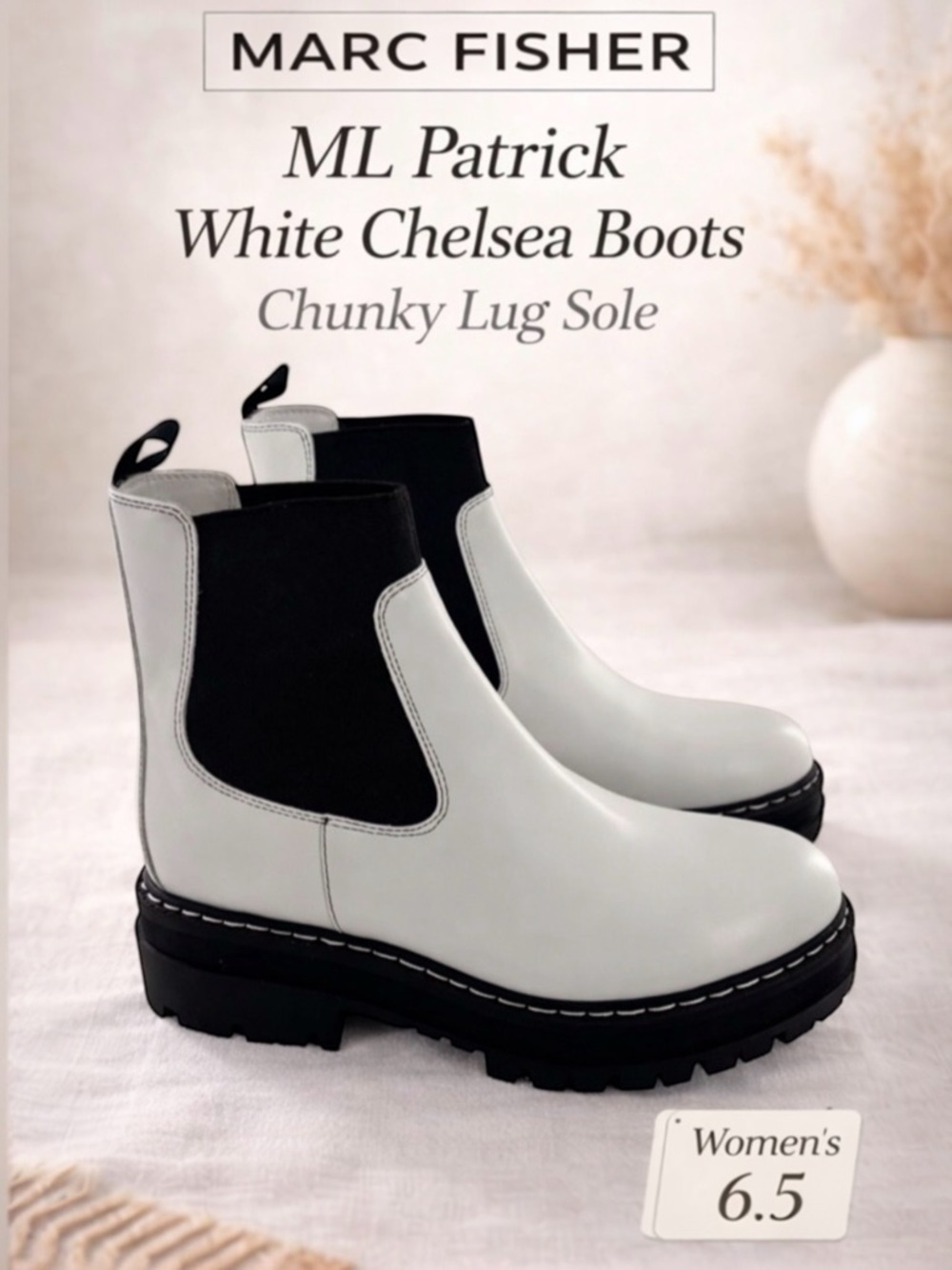 NWOB Marc Fisher ML Patrick White Chelsea Boots Chunky Lug Sole Women’s 6.5